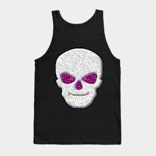 Lacy Floral Faux Pink Glitter Eyes Skull Tank Top